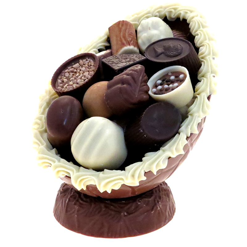 Luxe paasei gevuld met bonbons en paaseitjes 500 gram Luxe Paasei op Chocolade Nest met Witte Rand 500gr 6PT002
