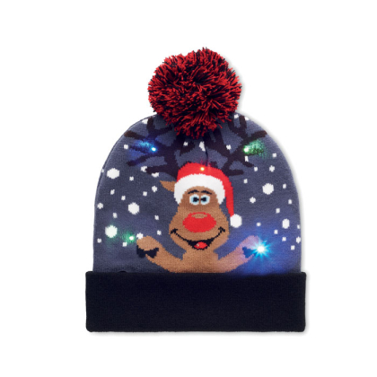 Gebreide kerstmuts met 6 LED lichtjes Gebreide kerstmuts met 6 LED lichtjes 3 lichtstanden met omslag en pom pom van zacht rekbaar acryl cx1539 04