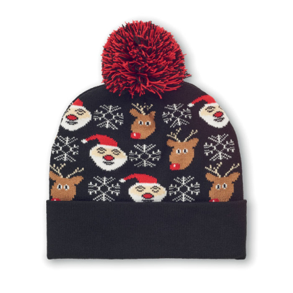 Gebreide kerstmuts zwart Gebreide kerstmuts met omslag en pom pom in zacht rekbaar acryl cx1529 03