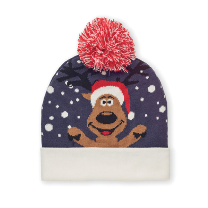 Gebreide kerstmuts blauw Gebreide kerstmuts met omslag en pom pom in zacht rekbaar acryl cx1529 04