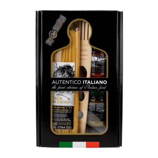 Italiaanse giftbox met spaghetti, pesto en pastasaus