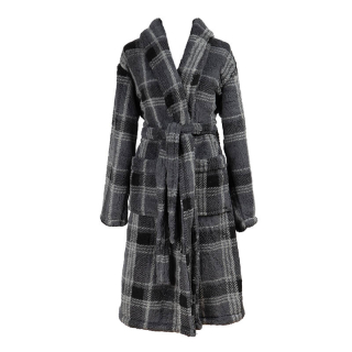 Badjas Sherpa Recycled Ruit Grijs voorkant Badjas Sherpa Recycled Ruit Grijs voorkant